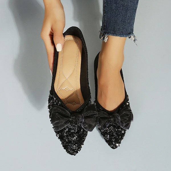 Pointed Toe Bow Sequins Flats