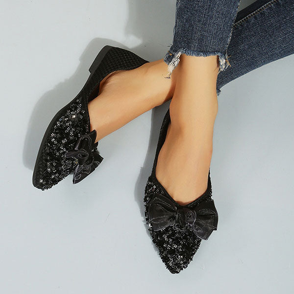 Pointed Toe Bow Sequins Flats