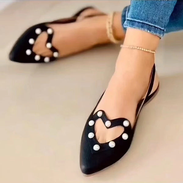 Pointed Toe Heart Cutout Beaded Flat Sandals