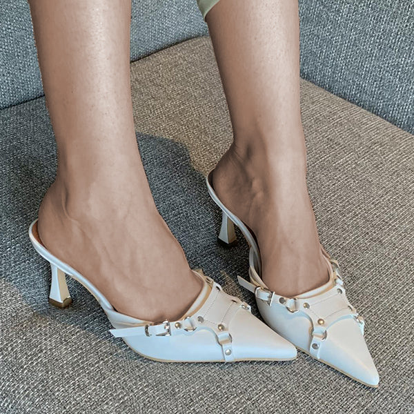 Pointed Toe Punk Rivet Buckle Mid Heeled Slides