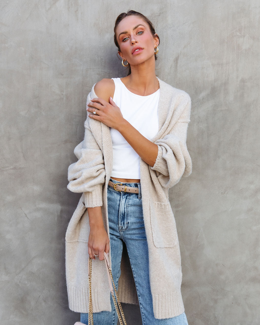 Pratt Knit Pocketed Open Front Cardigan - Beige