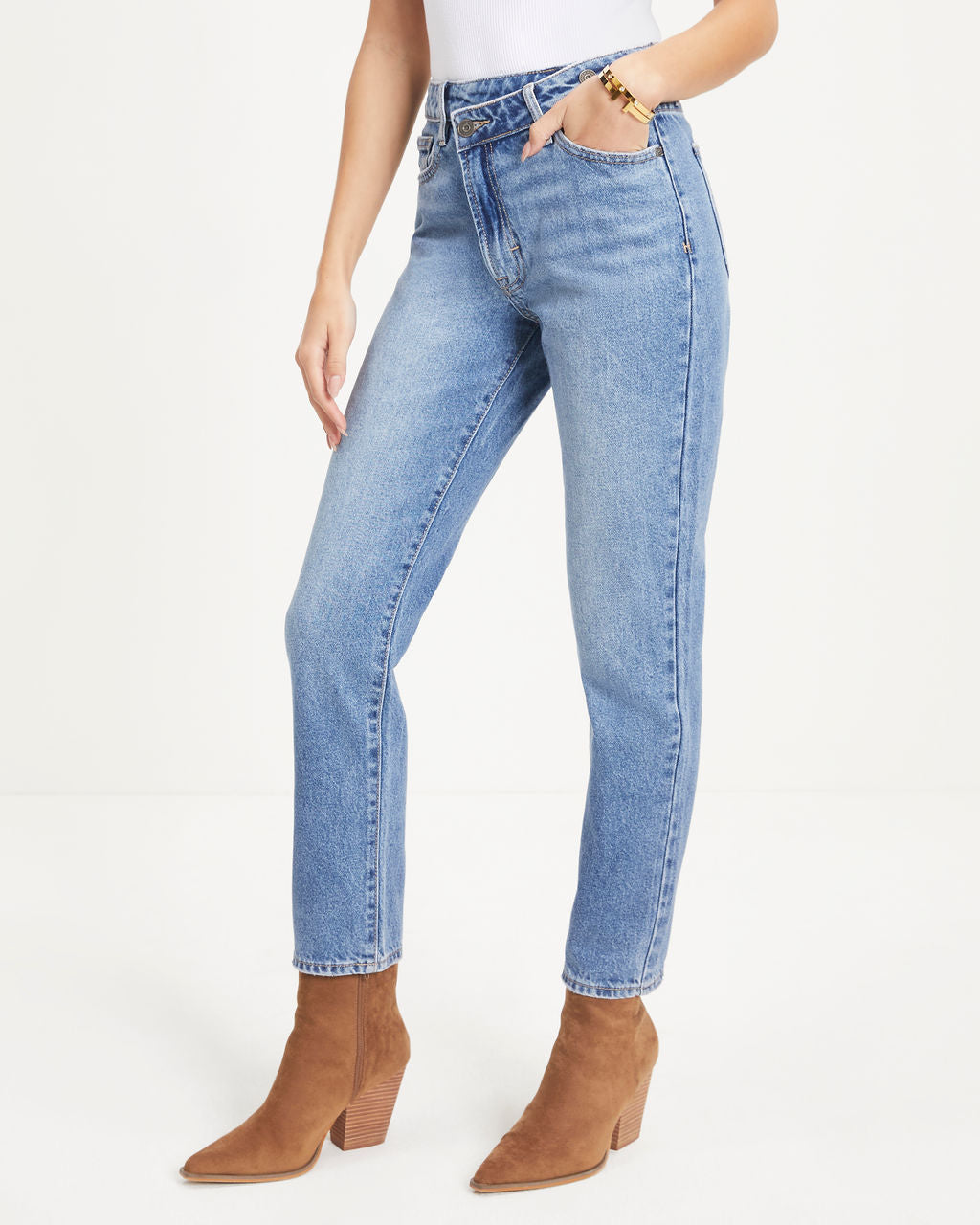 Pyper High Rise Rigid Asymmetrical Button Straight Jeans