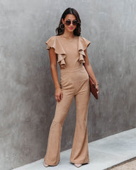 Queen Of The Patch Corduroy Ruffle Cutout Jumpsuit - Taupe