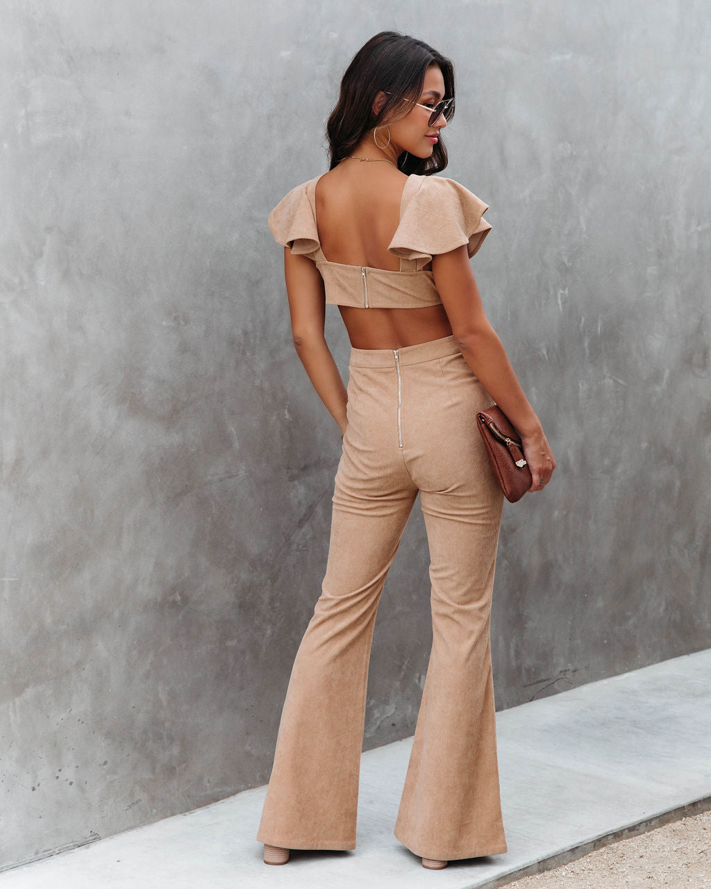 Queen Of The Patch Corduroy Ruffle Cutout Jumpsuit - Taupe