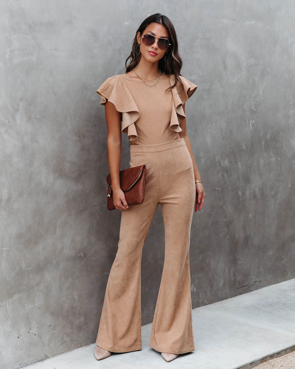 Queen Of The Patch Corduroy Ruffle Cutout Jumpsuit - Taupe