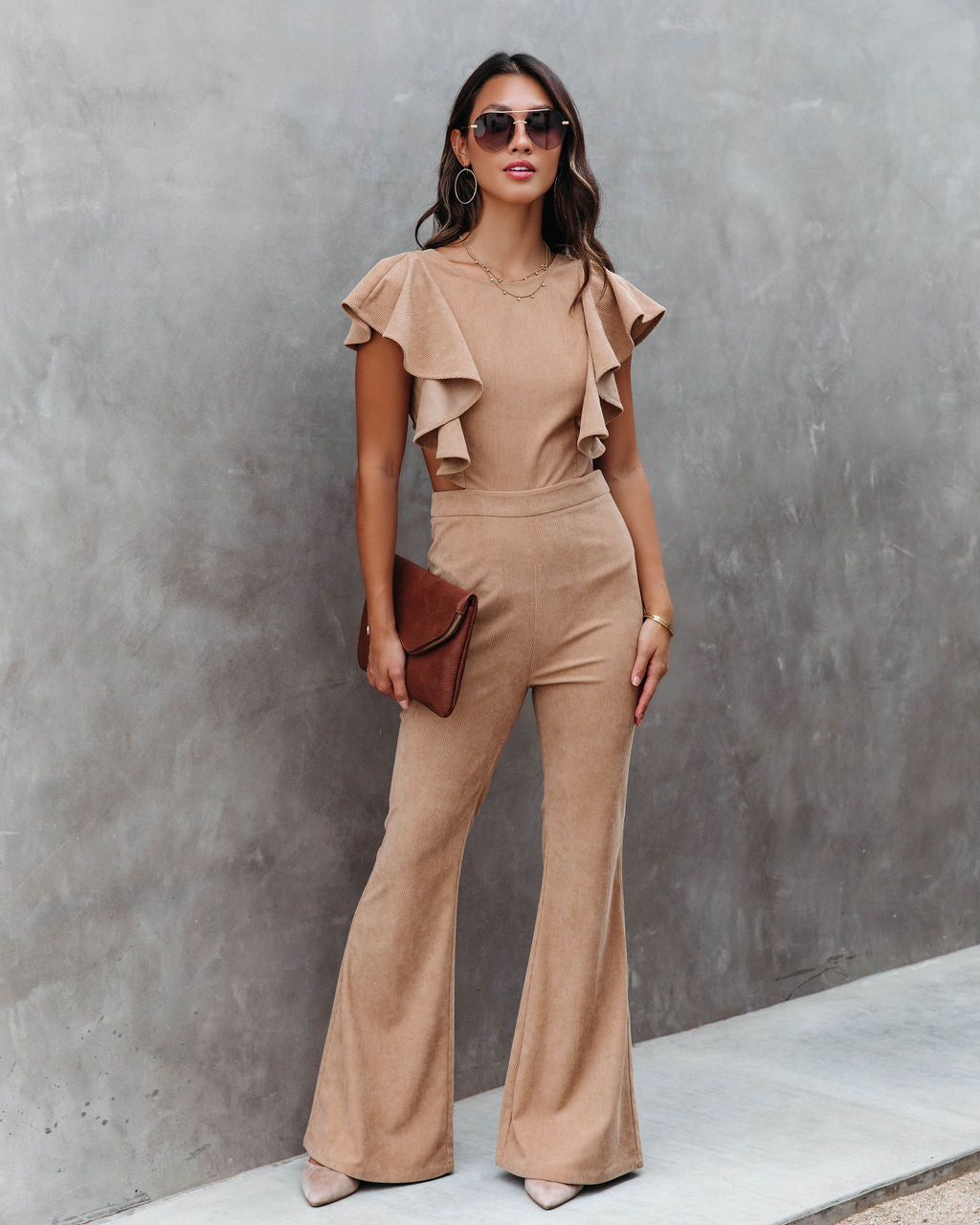 Queen Of The Patch Corduroy Ruffle Cutout Jumpsuit - Taupe