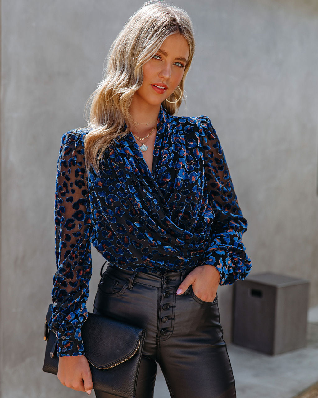 Quickly Velvet Burnout Leopard Drape Blouse