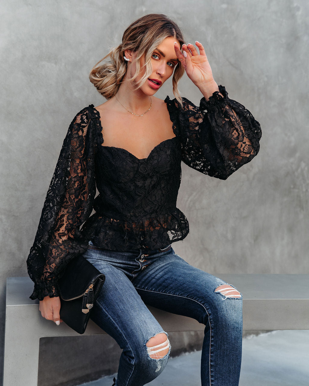 Ready To Mingle Cropped Lace Peplum Blouse - Black