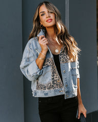 Redone Pocketed Leopard Distressed Denim Jacket