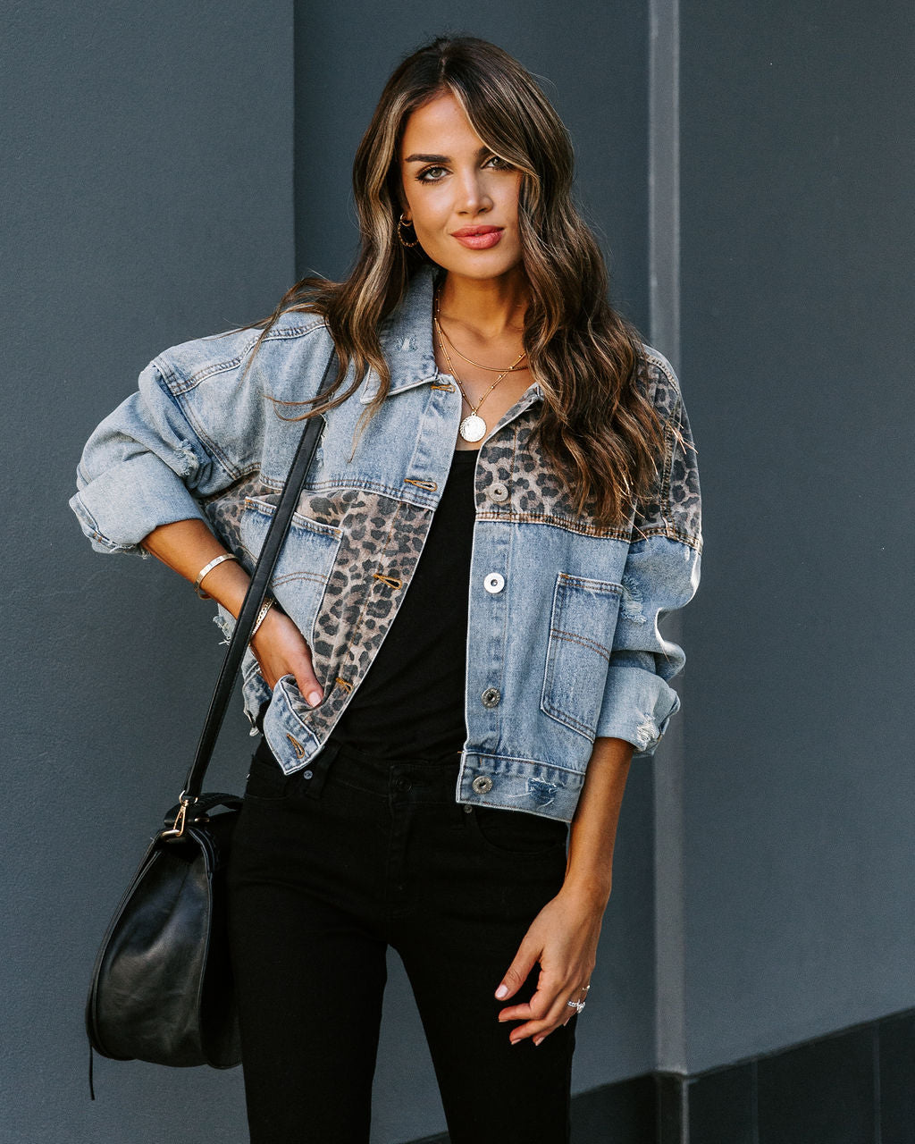 Redone Pocketed Leopard Distressed Denim Jacket