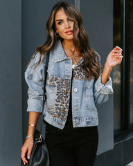 Redone Pocketed Leopard Distressed Denim Jacket