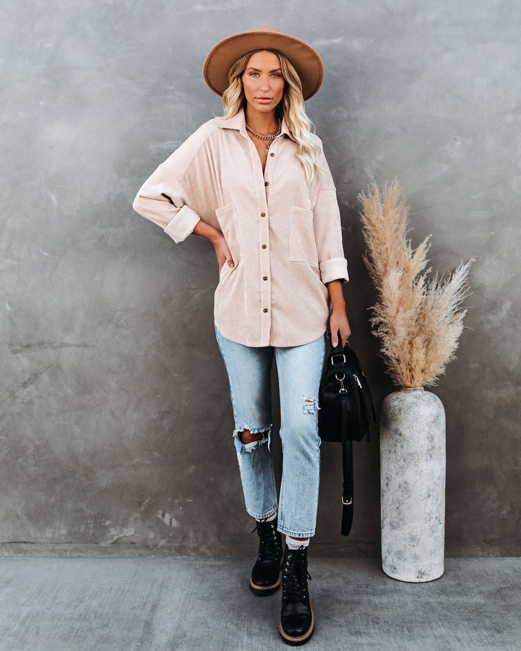 Refresh Pocketed Button Down Corduroy Top - Beige