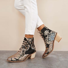 Retro Embroidered Cowboy Ankle Boots Block Heel Western Booties