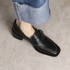 Retro Square Toe Chunky Mid Heeled Daily Loafers