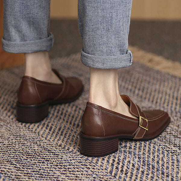 Retro Square Toe Chunky Mid Heeled Daily Loafers