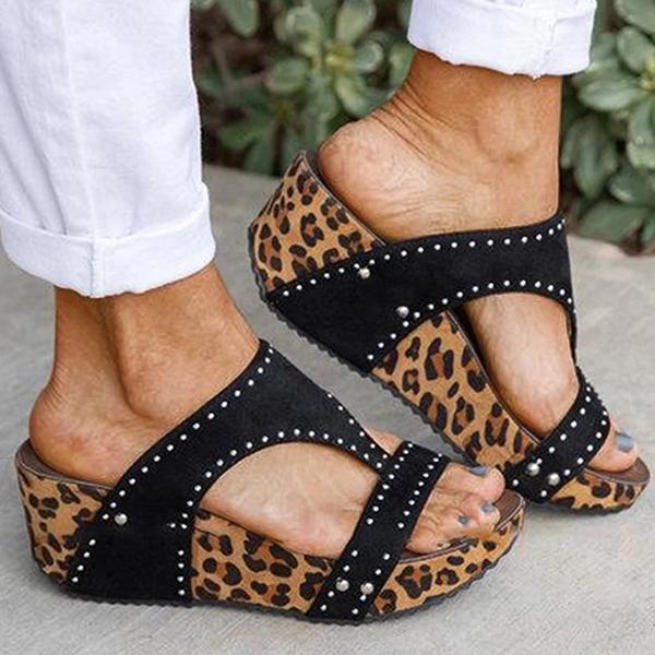 Rhinestone Animal Print Wedge Heel Sandals