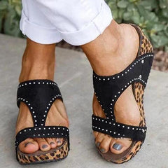 Rhinestone Animal Print Wedge Heel Sandals