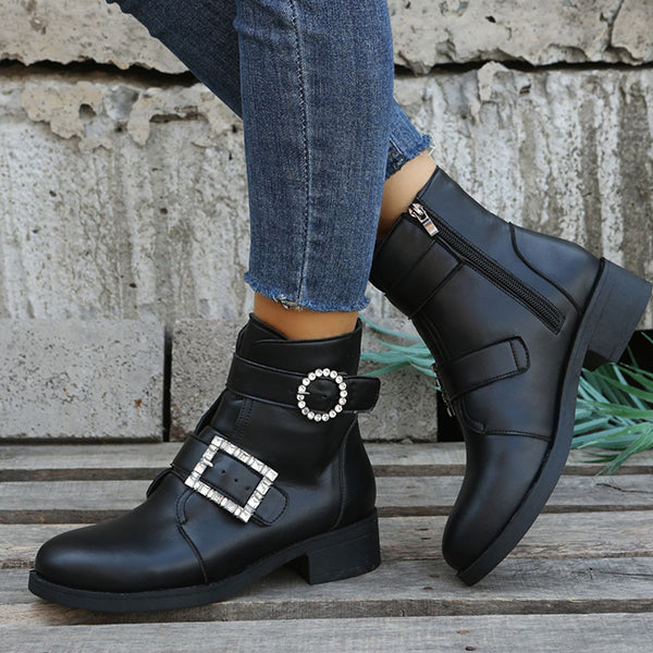 Rhinestone Buckle Comfy Ankle Booties