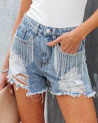 Rhinestone Cowgirl Distressed Denim Shorts - Denim - FLASH SALE