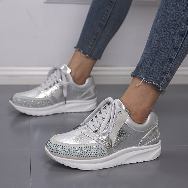 Rhinestone Embrellished Platform Lace-Up Sneakers