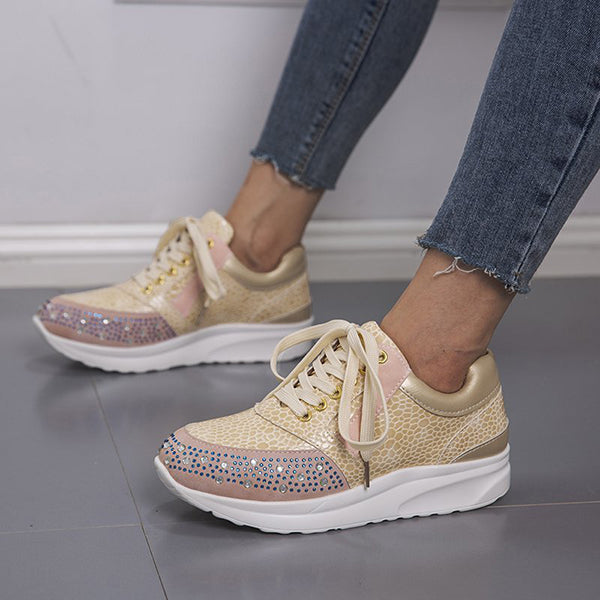 Rhinestone Embrellished Platform Lace-Up Sneakers