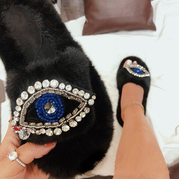 Rhinestone Eye Decor Faux Fur Comfort Slippers