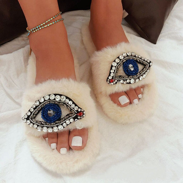 Rhinestone Eye Decor Faux Fur Comfort Slippers