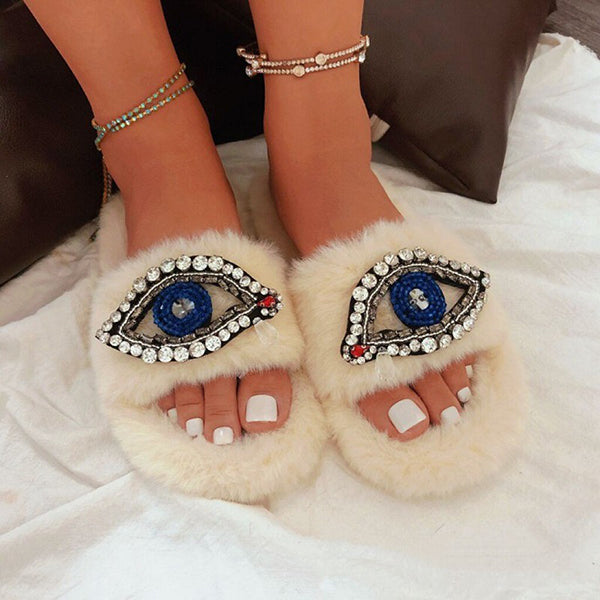 Rhinestone Eye Decor Faux Fur Comfort Slippers