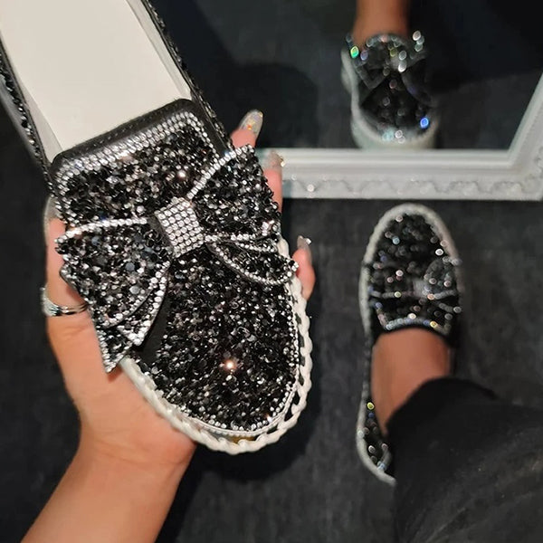 Rhinestone Flat Leather Platform Loafers