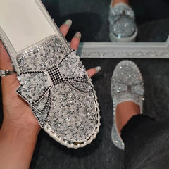 Rhinestone Flat Leather Platform Loafers