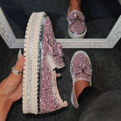 Rhinestone Flat Leather Platform Loafers