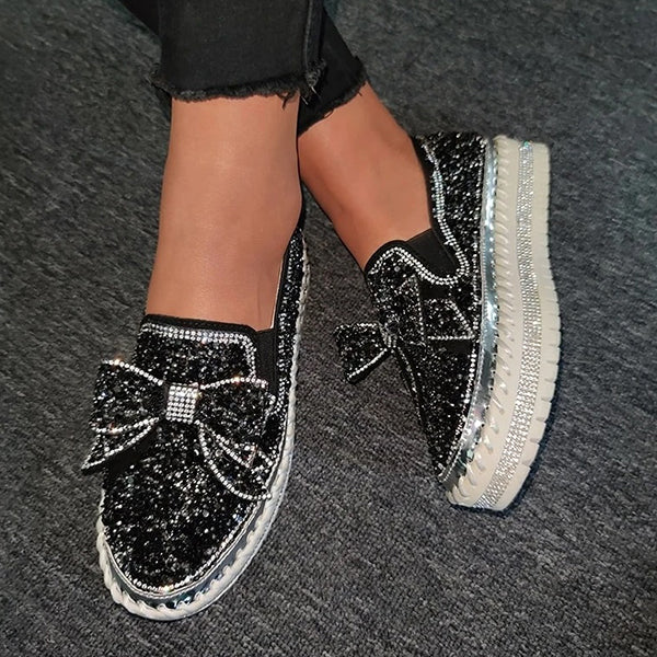 Rhinestone Flat Leather Platform Loafers