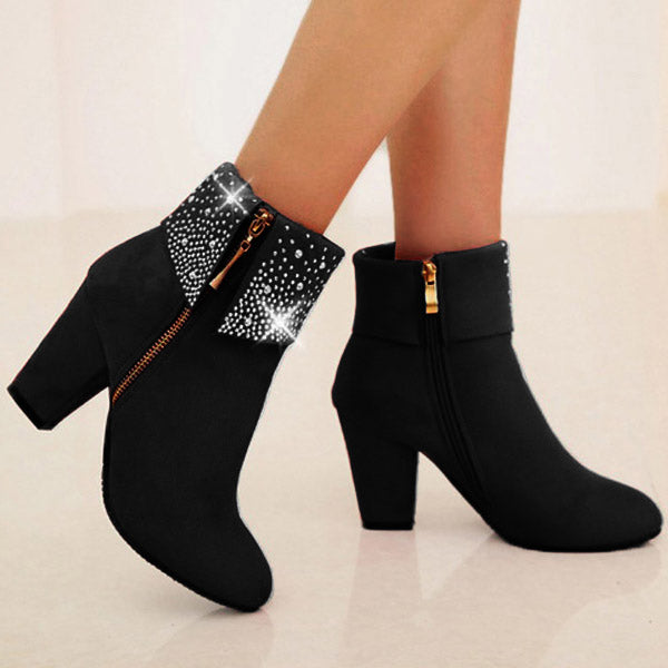 Rhinestone Frosted Chunky Heel Short Boots