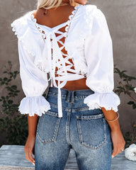 Rhonda Cotton Blend Crochet Lace-Up Crop Top