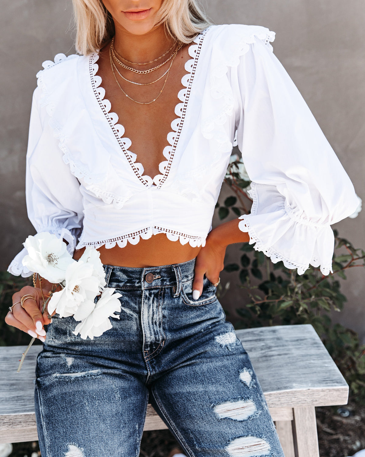 Rhonda Cotton Blend Crochet Lace-Up Crop Top