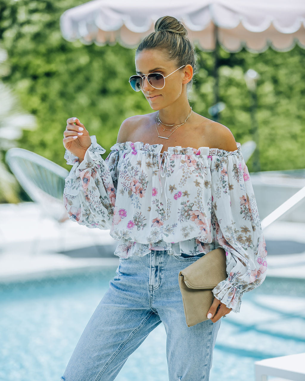 Ria Floral Chiffon Off The Shoulder Blouse