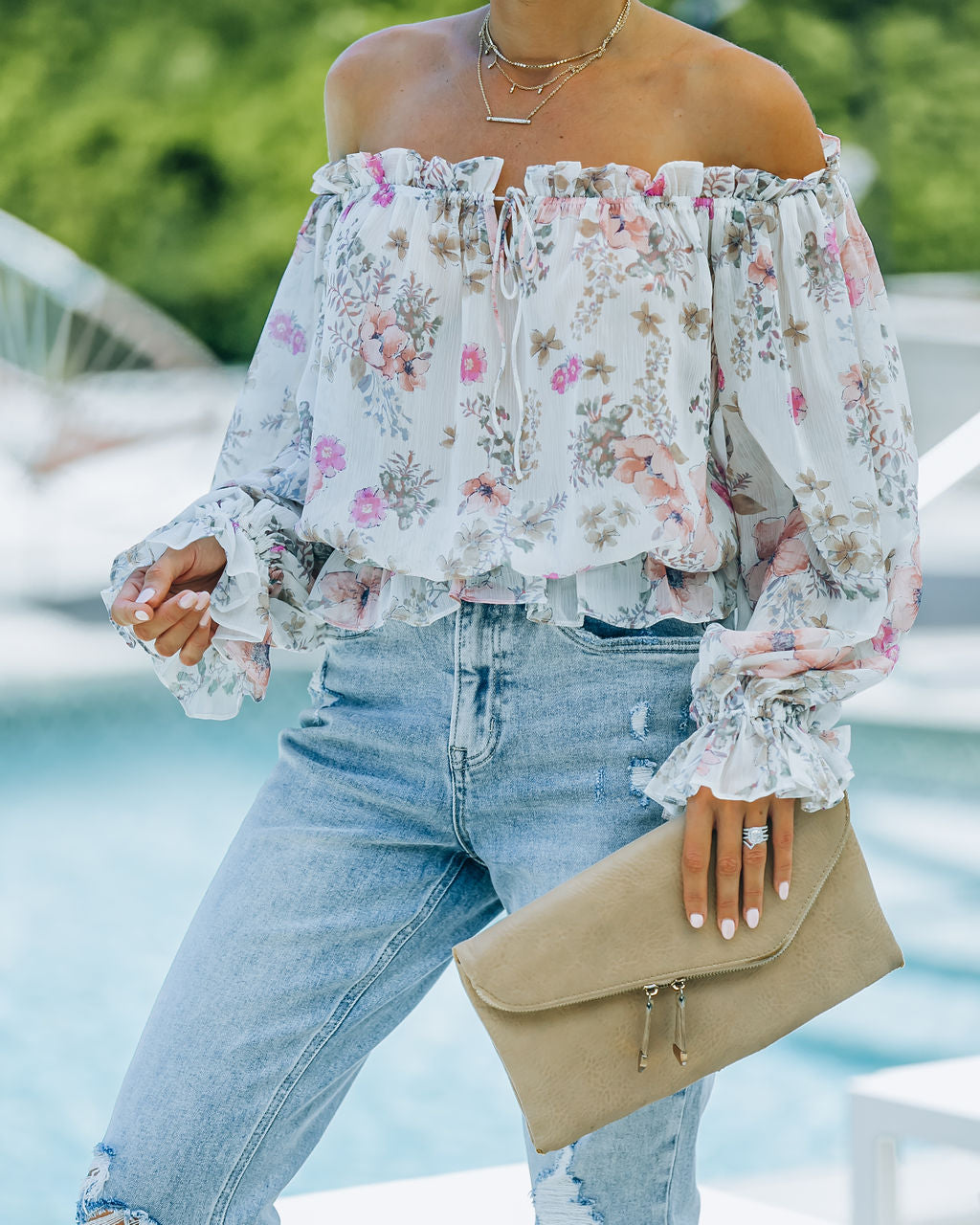 Ria Floral Chiffon Off The Shoulder Blouse