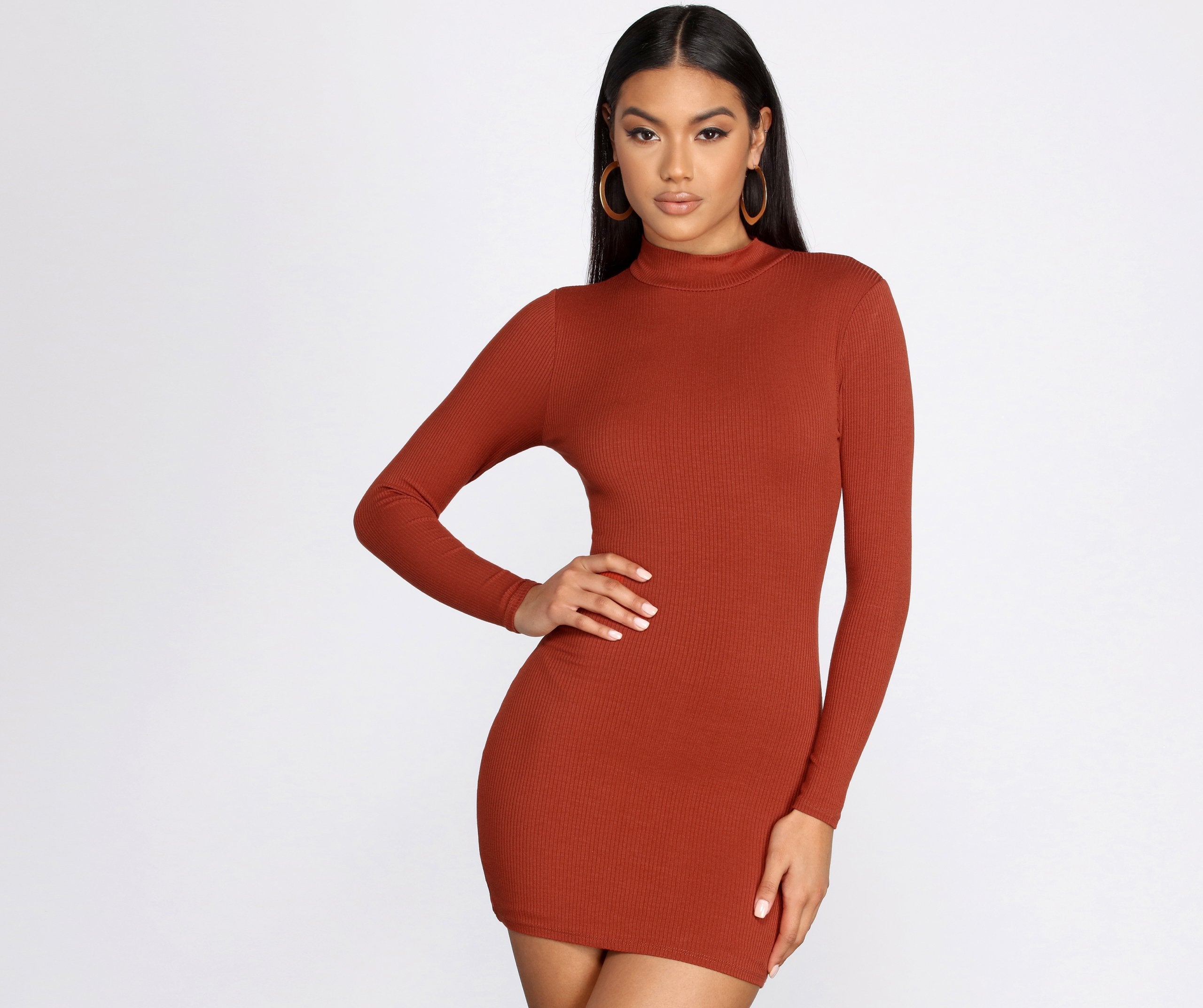 Ribbed Knit Mock Neck Mini Dress