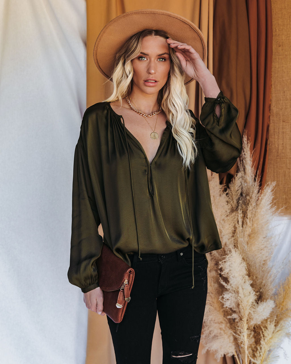 Riker Satin Frayed Blouse - Olive