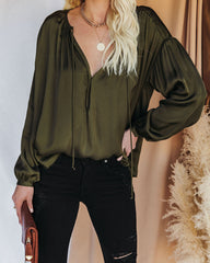 Riker Satin Frayed Blouse - Olive