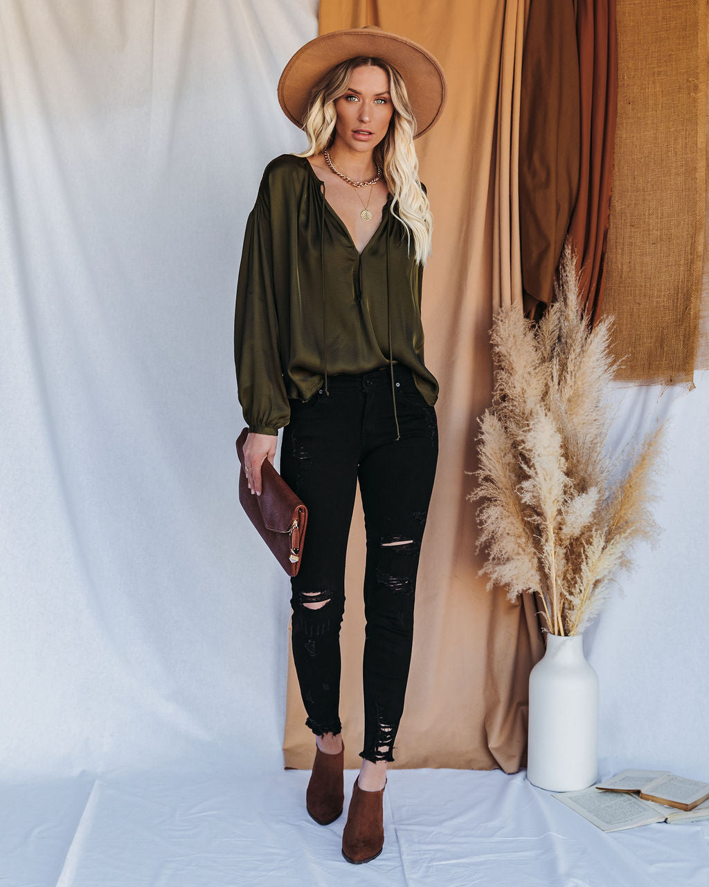 Riker Satin Frayed Blouse - Olive