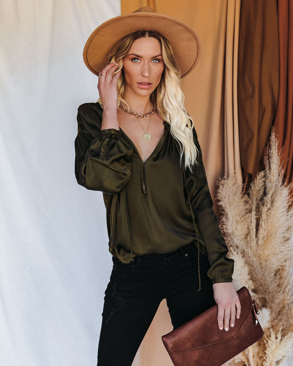 Riker Satin Frayed Blouse - Olive