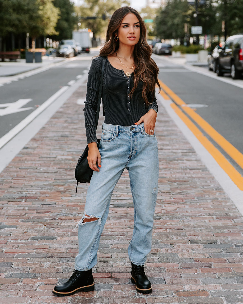 Rookie Washed Cotton Henley Bodysuit - Charcoal