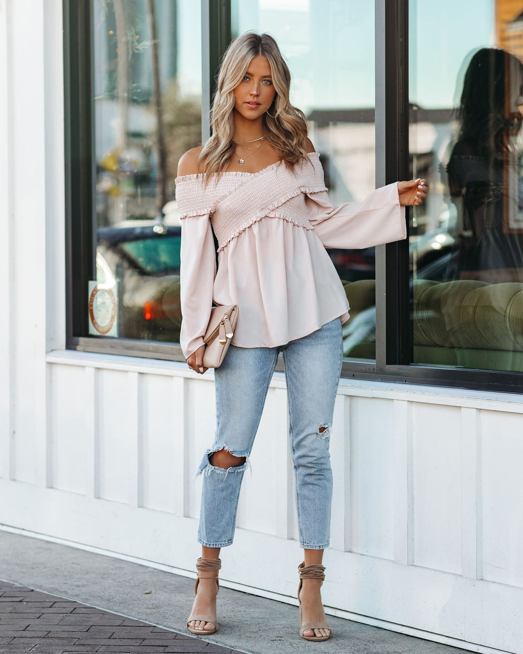 Rosie Smocked Off The Shoulder Top - Sandshell