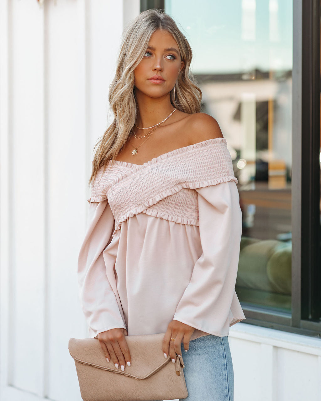 Rosie Smocked Off The Shoulder Top - Sandshell