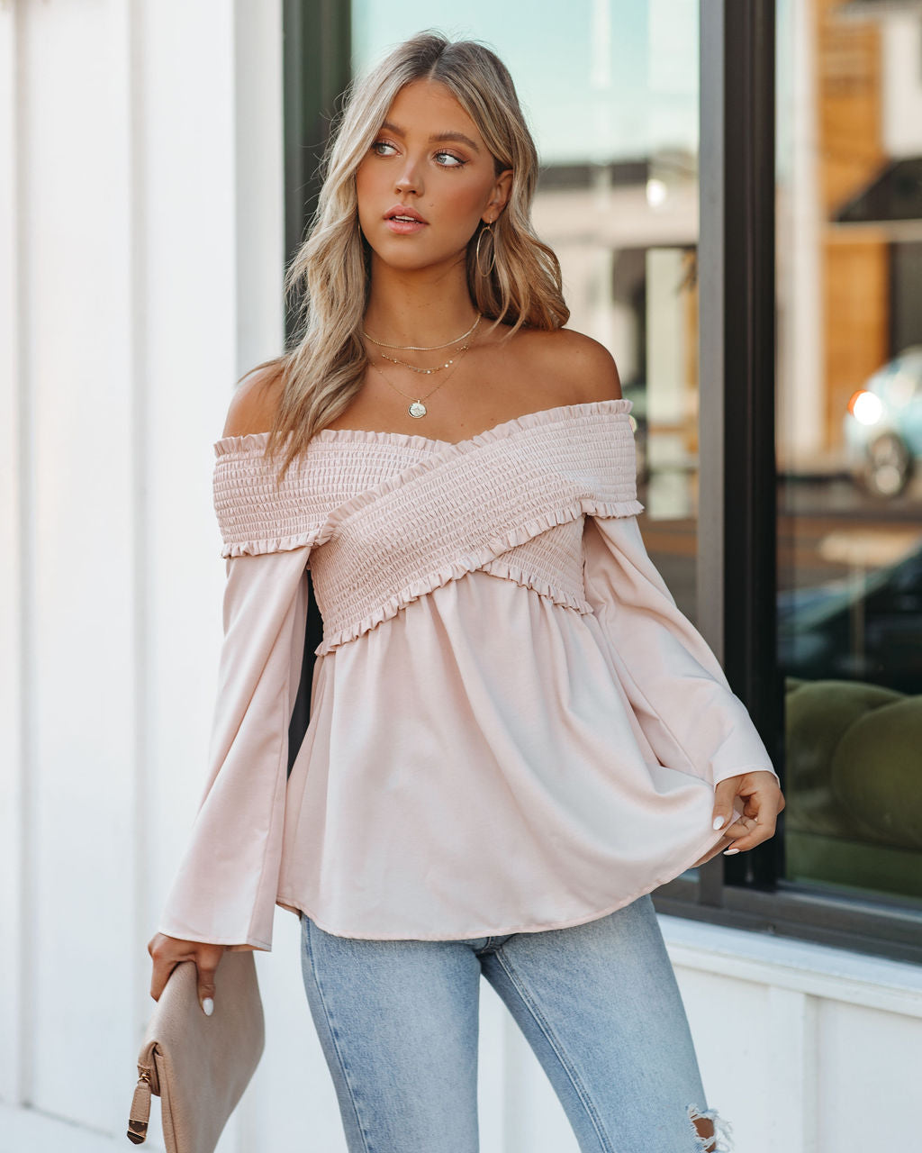 Rosie Smocked Off The Shoulder Top - Sandshell