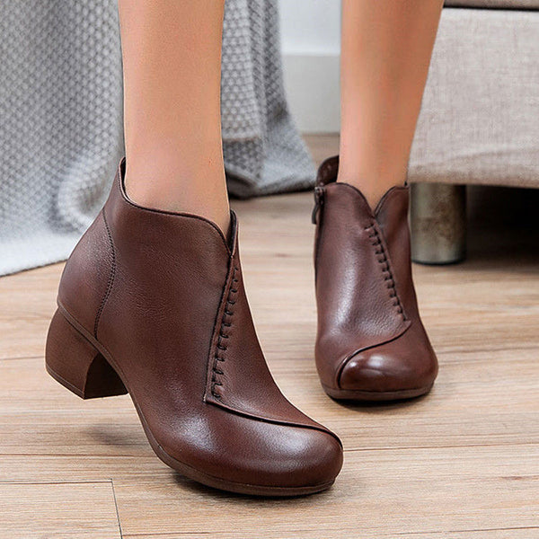 Round Toe Chunky Heeled Solid Color Ankle Boots