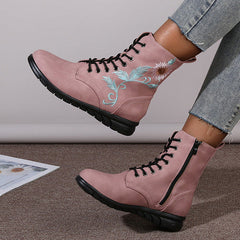 Round Toe Flower Embroidery Flat Ankle Boots