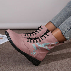 Round Toe Flower Embroidery Flat Ankle Boots