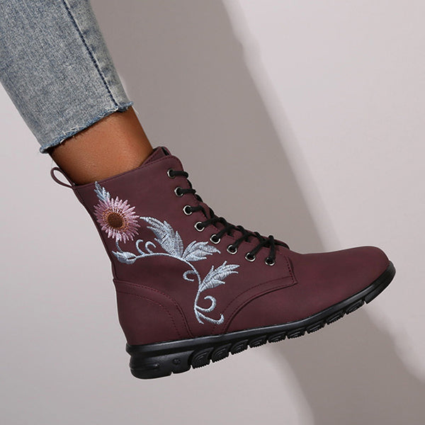 Round Toe Flower Embroidery Flat Ankle Boots